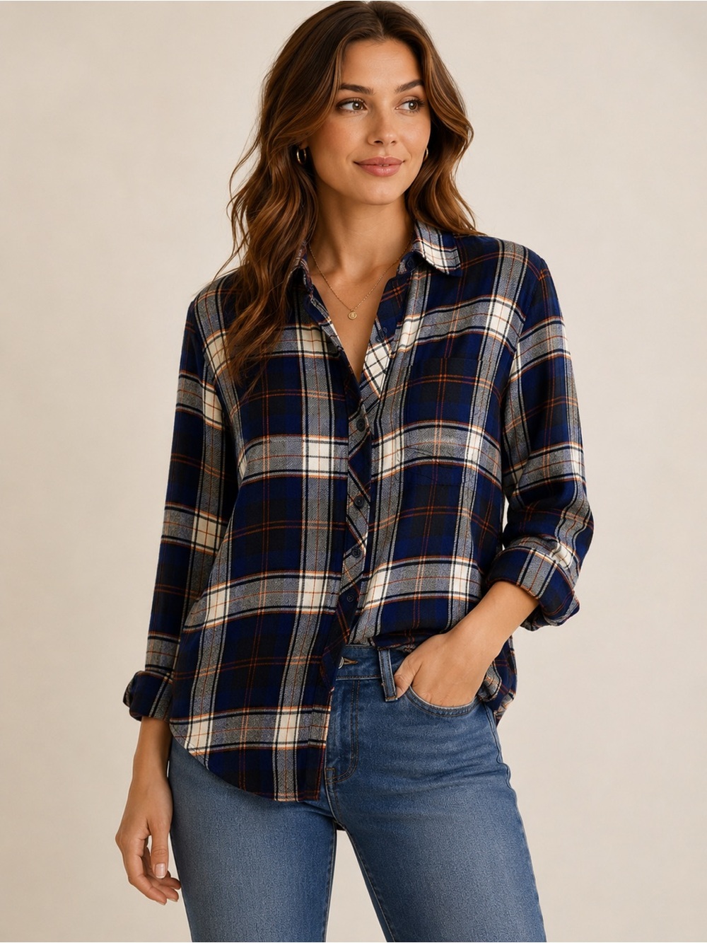 Melloday Navy Plaid Button Down Flannel Shirt Size M